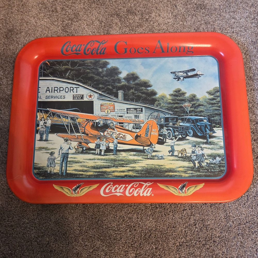 Vintage 1998 Coca-Cola Goes Along Metal Tray Pamela Renfroe Biplane Art USA